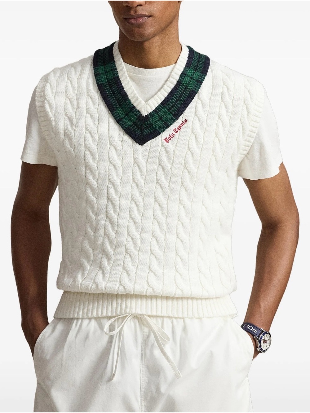 Polo by Ralph Lauren Cream Cable-Knit V-Neck Sweater Vest with Green Trim